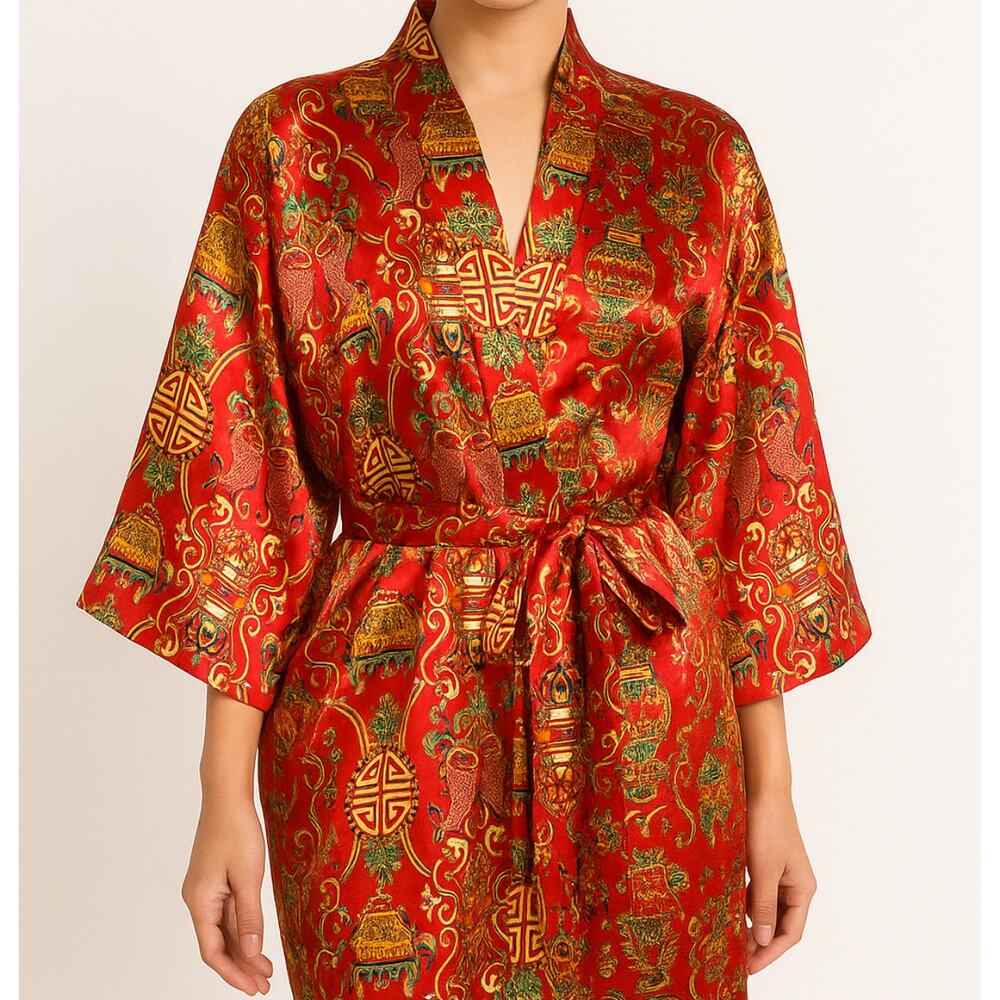 Vintage 70’s Chinese Theme Red‎ Satin Robe M/L Dragons Good Luck Novelty Print